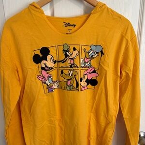 Disney Mickey and Friends Yellow Hooded Long Sleeve Shirt Size Large Graphic